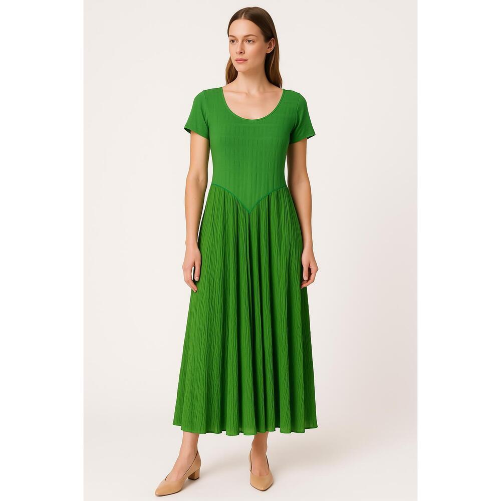 IMPRESSO Dress Womens M/L Rayon Green Gauze Crinkle Skirt Scoop Neck ALine‎ VTG